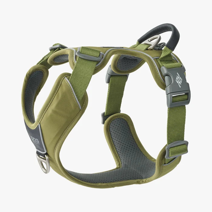 Stock image of the Comfort Walk Pro in Hunting Green, a harness with two lead attachments and a handle, on a white background.