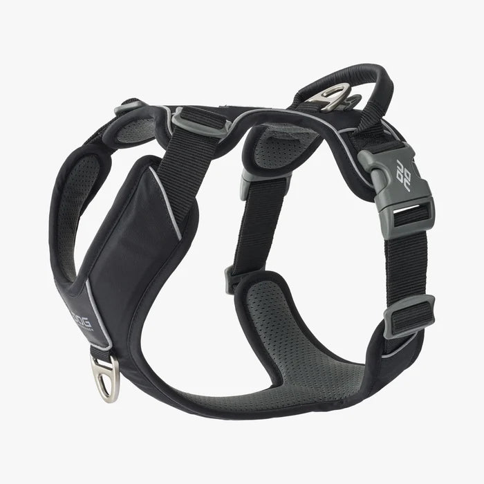 Stock image of the Comfort Walk Pro in Black, a harness with two lead attachments and a handle, on a white background.