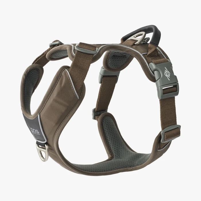 Stock image of the Comfort Walk Pro in Mocha, a harness with two lead attachments and a handle, on a white background.