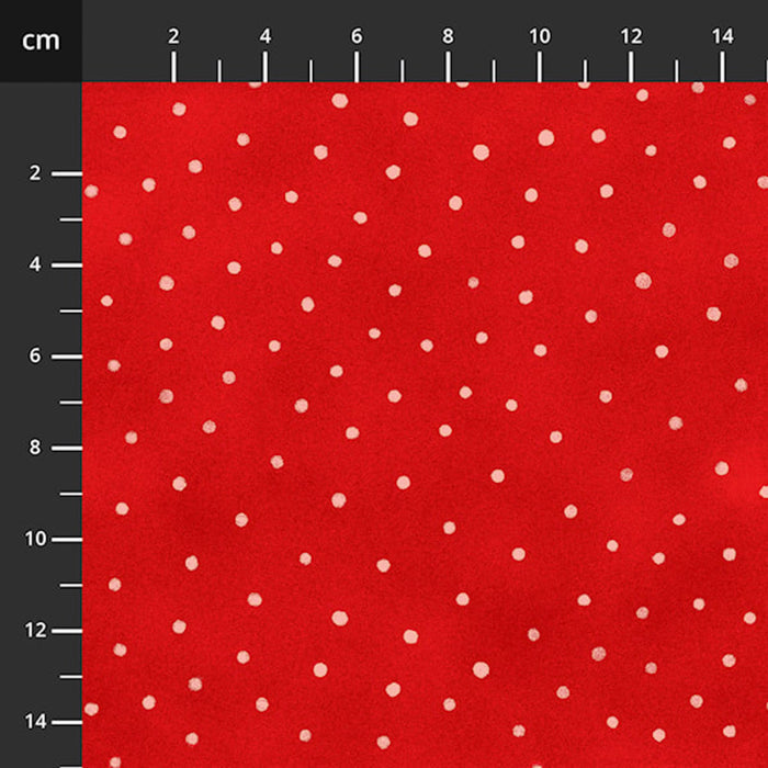 Red cotton quilting fabric with white polka dots on a black background with measurement scale