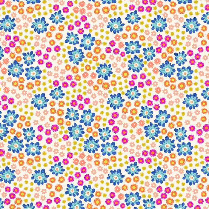 Blue flowers printed on a cream quilting cotton fabric