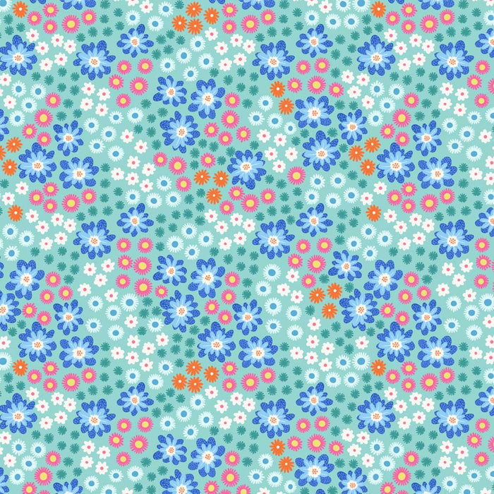 Blue flowers printed on a turquoise quilting cotton fabric