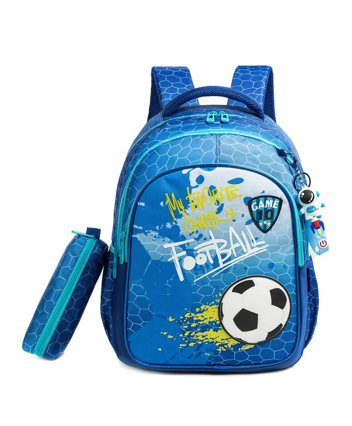 Eazy Kids 17 School Bag Lunch Bag Pencil Case Set of 3 (Football Blue)