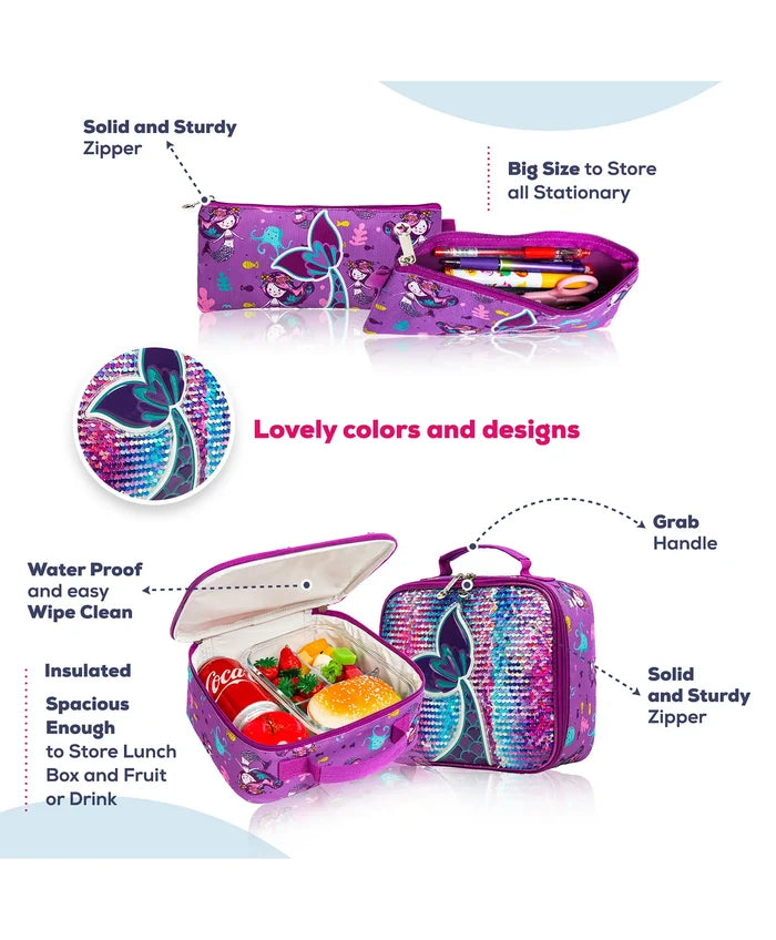 Eazy Kids Set of 3 Trolley School Bag Lunch Bag & Pencil Case (Mermaid Purple)