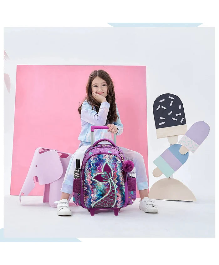 Eazy Kids Set of 3 Trolley School Bag Lunch Bag & Pencil Case (Mermaid Purple)