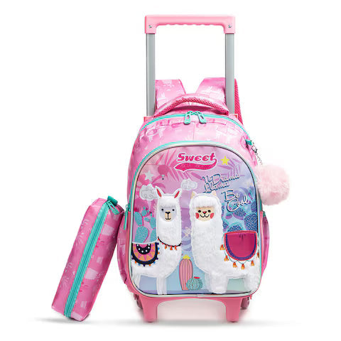 Eazy Kids Set of 3 Trolley School Bag with Lunch Bag and Pencil Case Lama (Pink)