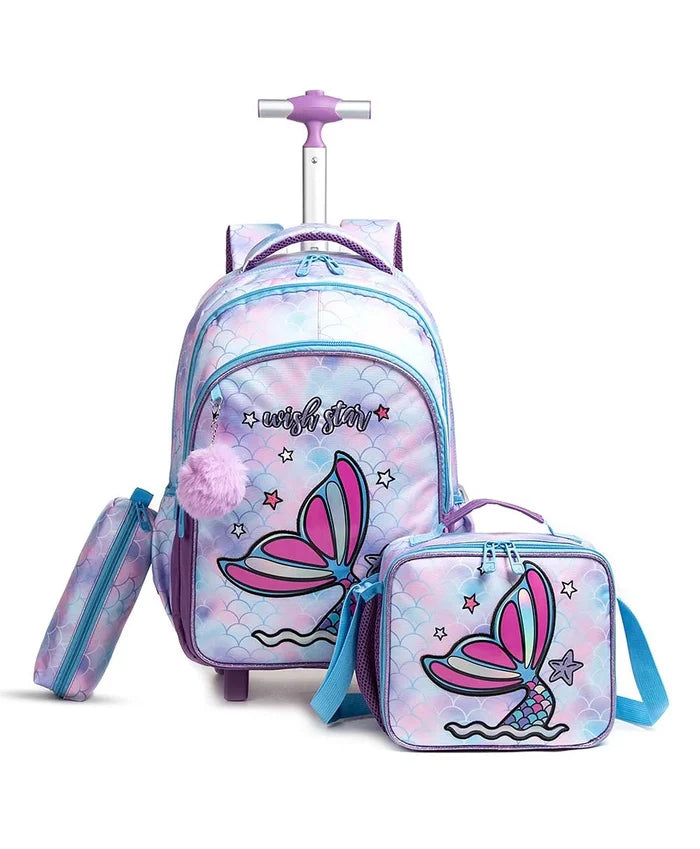 Eazy Kids Set of 3 Trolley School Bag with Lunch Bag & Pencil Case (Mermaid Purple)