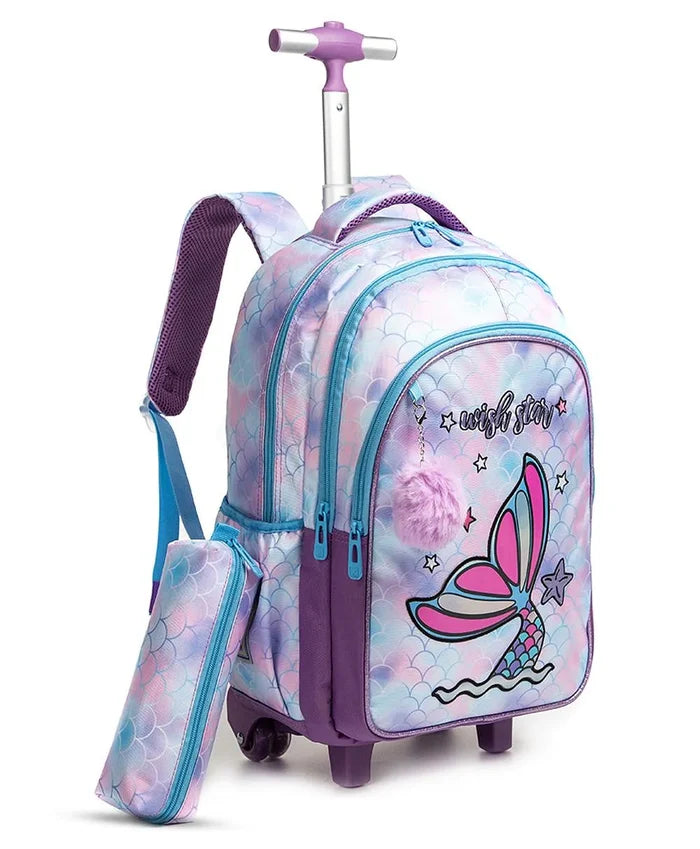 Eazy Kids Set of 3 Trolley School Bag with Lunch Bag & Pencil Case (Mermaid Purple)