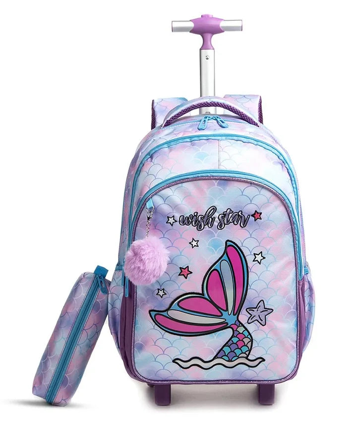 Eazy Kids Set of 3 Trolley School Bag with Lunch Bag & Pencil Case (Mermaid Purple)