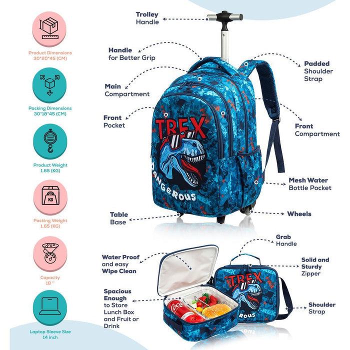 Eazy Kids Set of 3 Trolley School Lunch Bag & Pencil Case (Trex Dinosaur Blue)