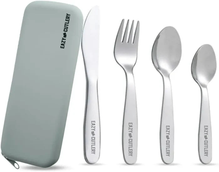 Eazy Kids Set of 4 Cutlery w/ Silicon Pouch (Spoon, Fork, Knife & Tea Spoon) w/ Silicon Pouch