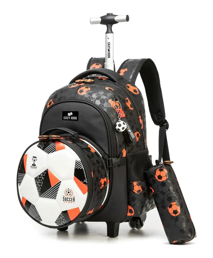 Eazy Kids Trolley School Bag Set of 3 With Lunch Bag and Pencil Case (Football Black)