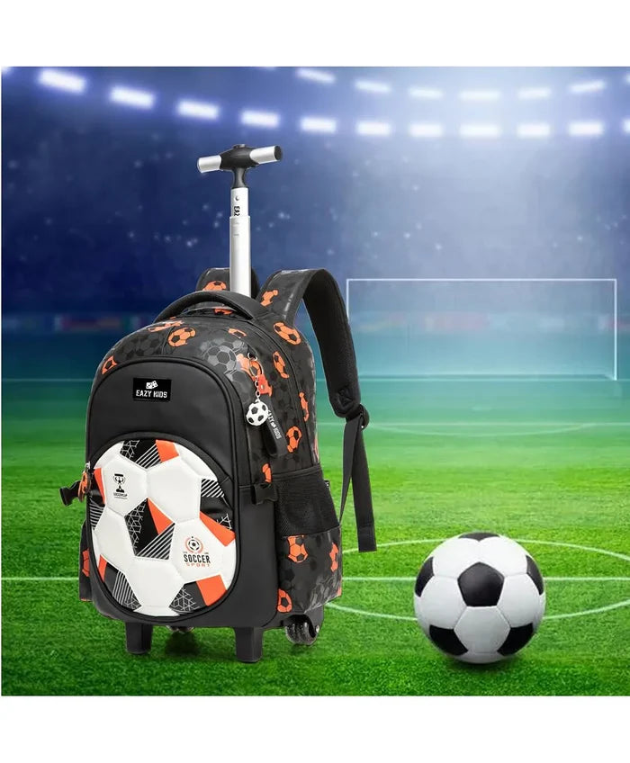 Eazy Kids Trolley School Bag Set of 3 With Lunch Bag and Pencil Case (Football Black)