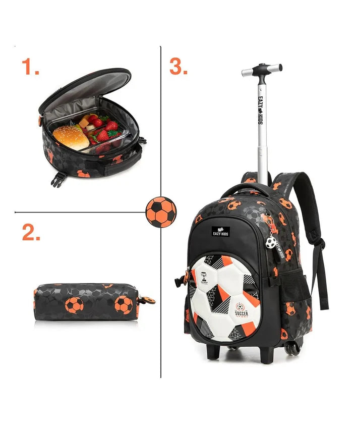 Eazy Kids Trolley School Bag Set of 3 With Lunch Bag and Pencil Case (Football Black)