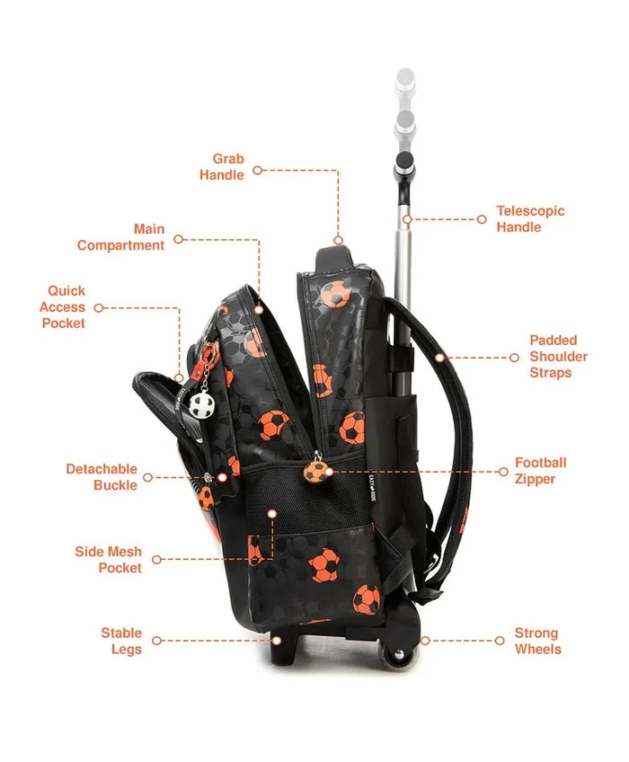 Eazy Kids Trolley School Bag Set of 3 With Lunch Bag and Pencil Case (Football Black)