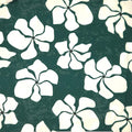 White floral pattern on a green textured viscose twill fabric