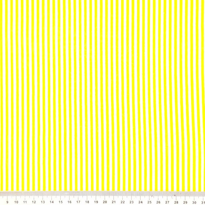 Sunshine yellow and white candy stripes on a cotton fabric with a cm ruler