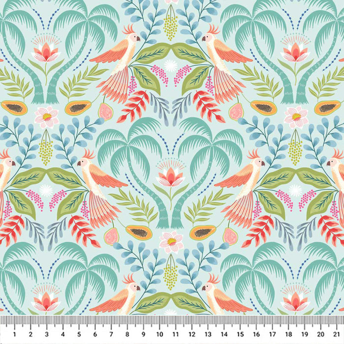 Tropical trees, birds and fruits of paradise are printed on peaceful pink quilting cotton.
