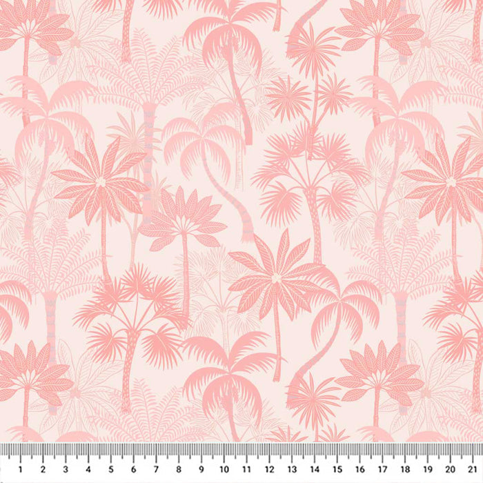 Beautiful summer palm trees in deep shades of cerise and candy printed on a baby pink quilting cotton.