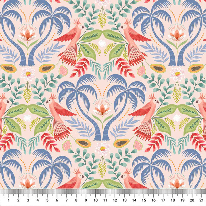 Tropical trees, birds and fruits of paradise are printed on peaceful pink quilting cotton.