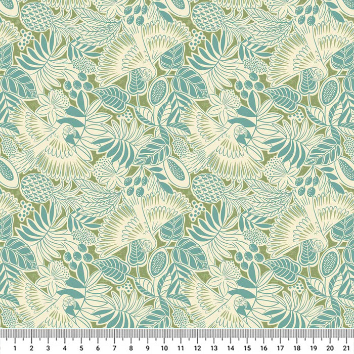 Bold white parrots swooping around dusk blue fan leaves and fruit printed on a deep island green quilting cotton with a cm ruler