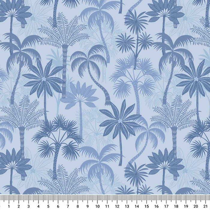 Beautiful summer palm trees in deep shades of navy and dusk printed on a sky blue quilting cotton.