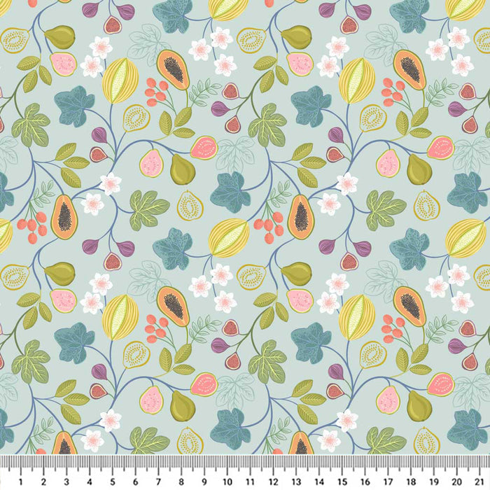 Bright branches of tropical papaya, figs, melon and pear surrounded by colourful flora printed on a blue sea breeze quilting cotton.