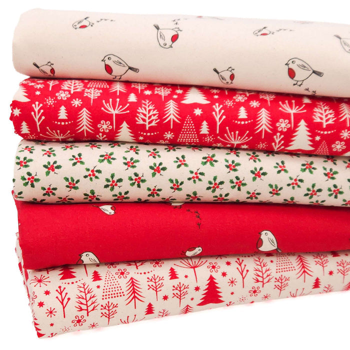 Five fat quarters stacked vertically, featuring festive Christmas patterns including birds, trees, holly, and snowflakes in red, green, and cream.