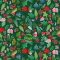 Colorful floral and leaf pattern on a green cotton quilting fabric.