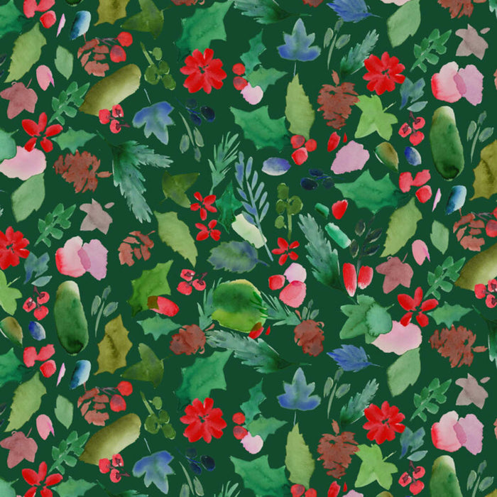 Colorful floral and leaf pattern on a green cotton quilting fabric.