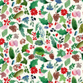 Pattern of watercolor leaves and flowers on a white cotton quilting fabric.