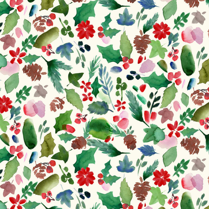 Pattern of watercolor leaves and flowers on a white cotton quilting fabric.