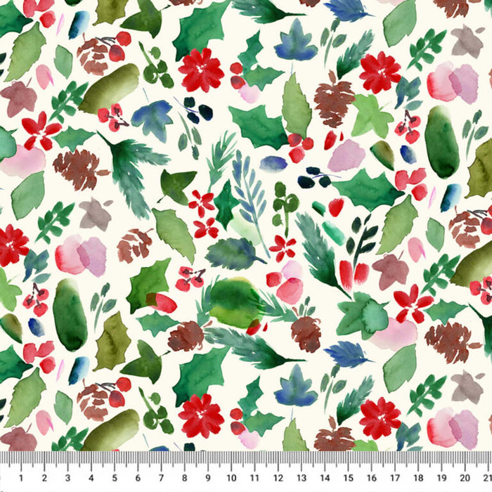 Watercolor floral and botanical pattern on a cream background, featuring green leaves, red and pink flowers, blue berries, and brown pinecones, with a white ruler at the bottom showing measurements.