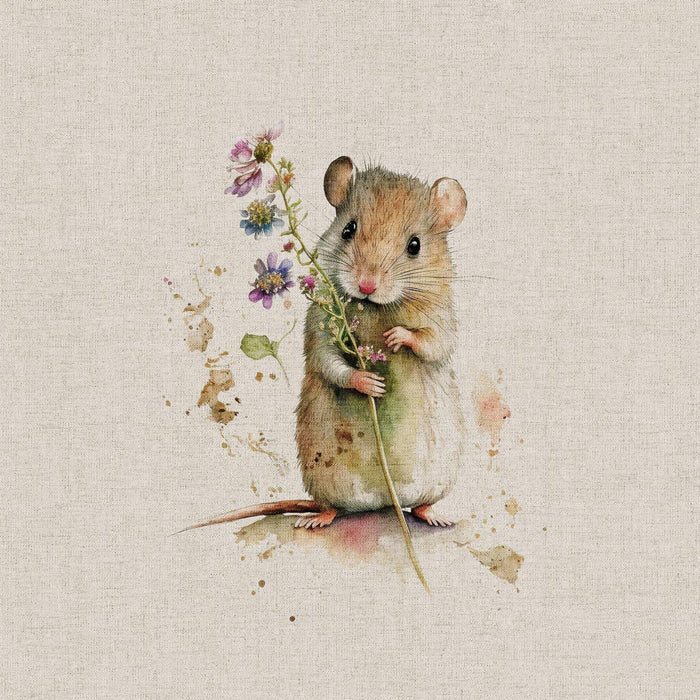 A field mouse holding a flower printed on a linen look craft canvas fabric