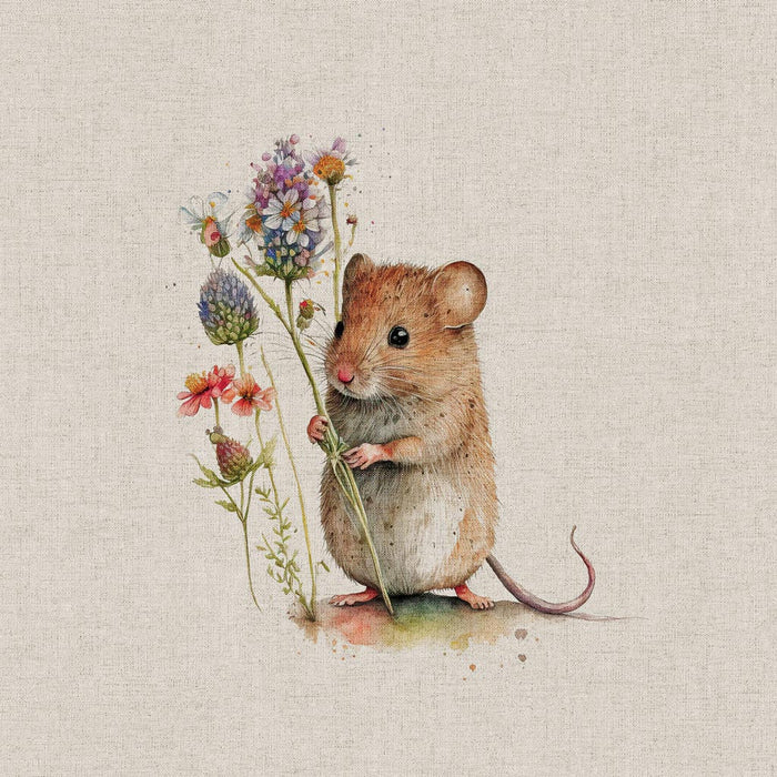 A field mouse holding a flower printed on a linen look craft canvas fabric