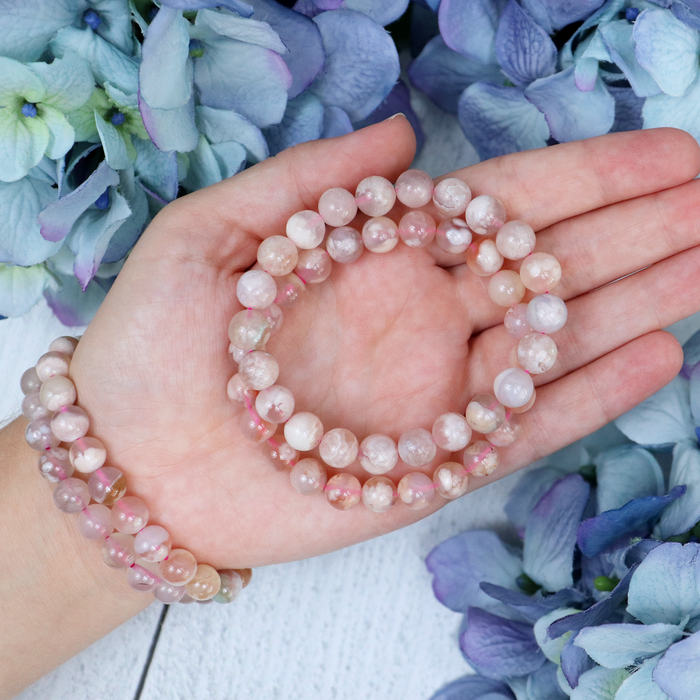 Flower Agate bracelet worn on the wrist