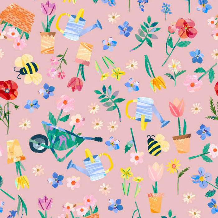 Colourful pattern of gardening elements on a pink cotton quilting fabric