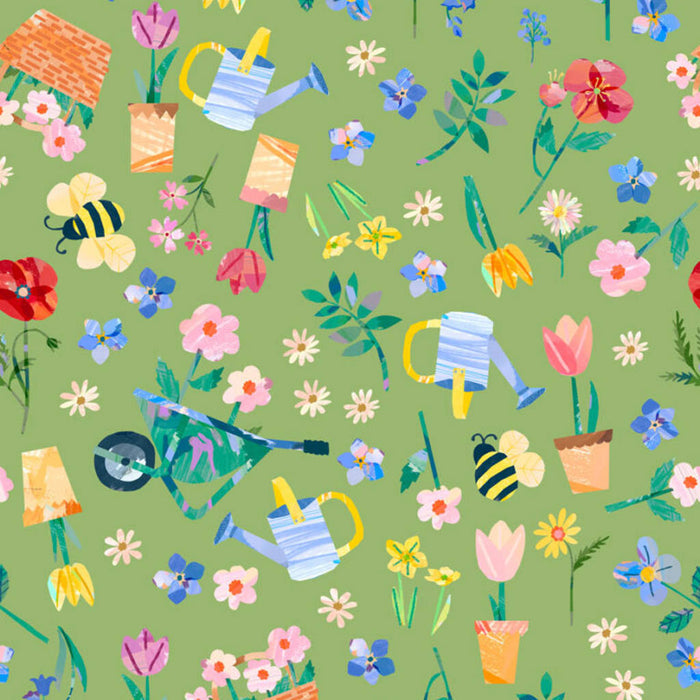 Colourful garden-themed pattern with flowers, watering cans, and bees on a green cotton quilting fabric.