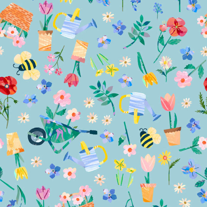 Colourful garden-themed pattern with flowers, bees, and gardening tools on a blue cotton quilting fabric.