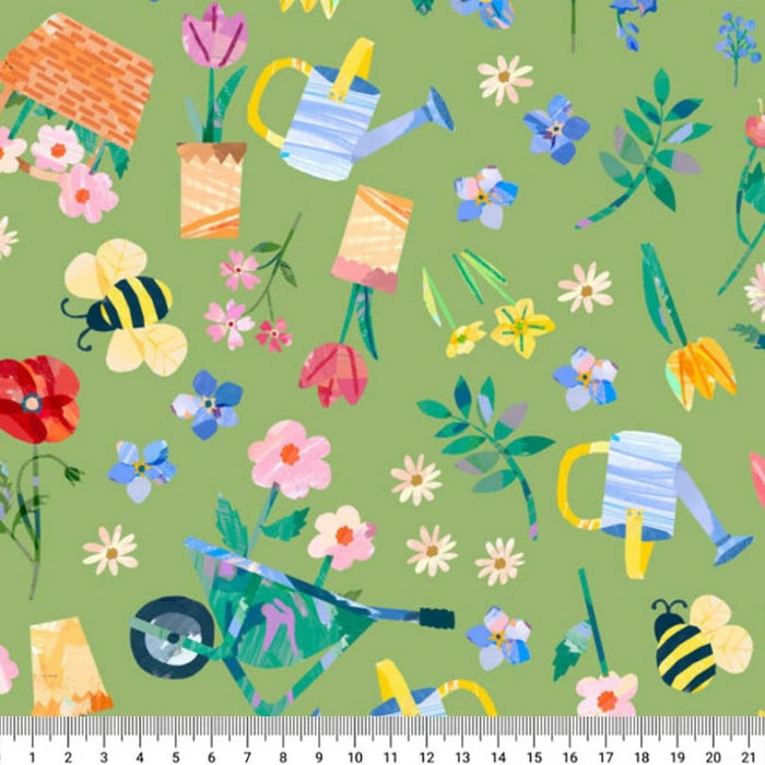 Colourful garden-themed fabric pattern with flowers, watering cans, and bees on a green cotton quilting fabric.