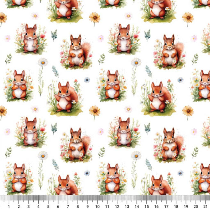 3D squirrels printed on a white polycotton fabric