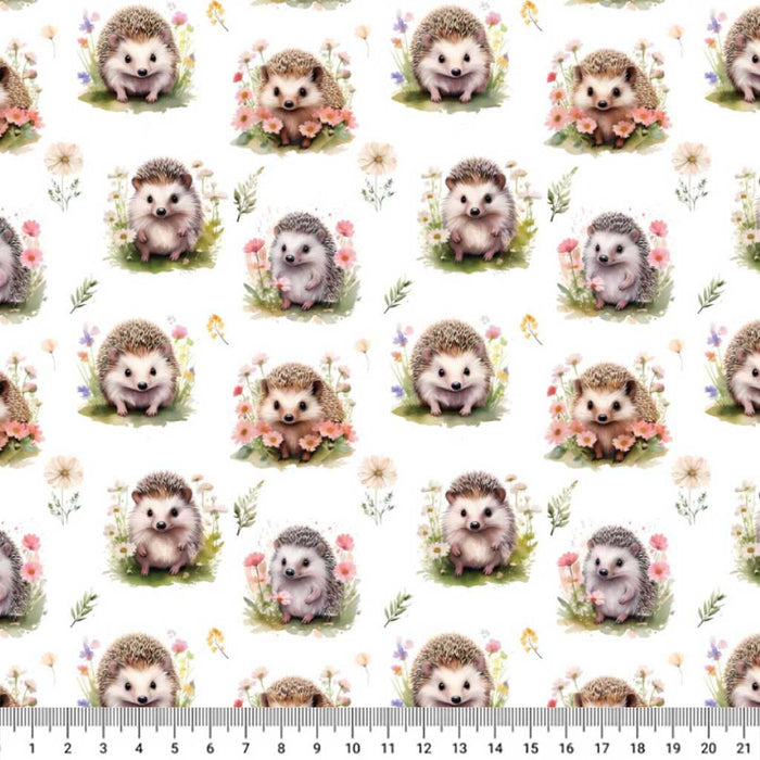 3D hedgehogs printed on a white polycotton fabric