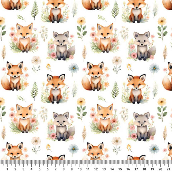 3D foxes printed on a white polycotton fabric