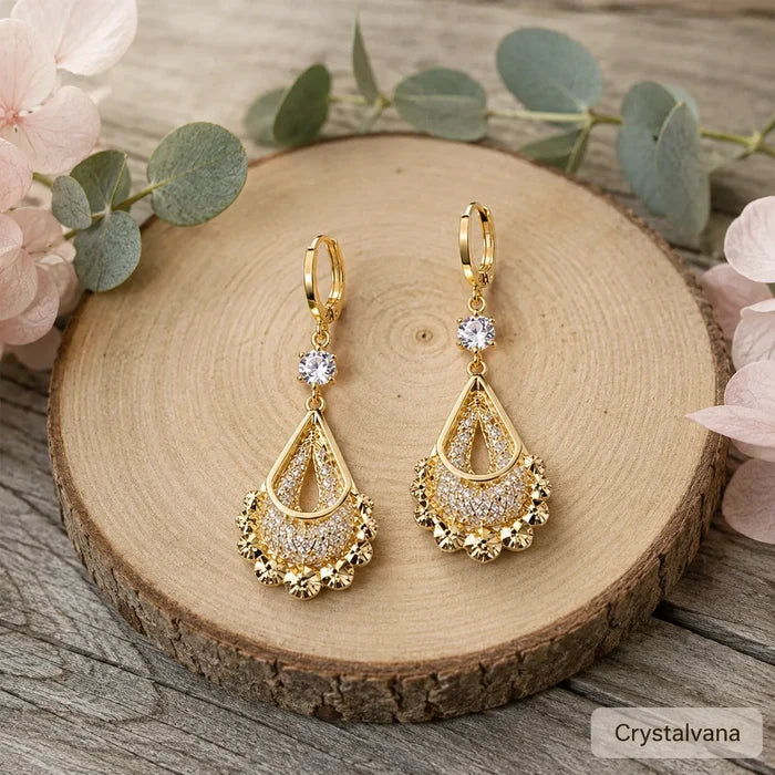French design hollow water drop earrings S925 silver gold-tone CZ care instructions with white cloth, Crystalvana