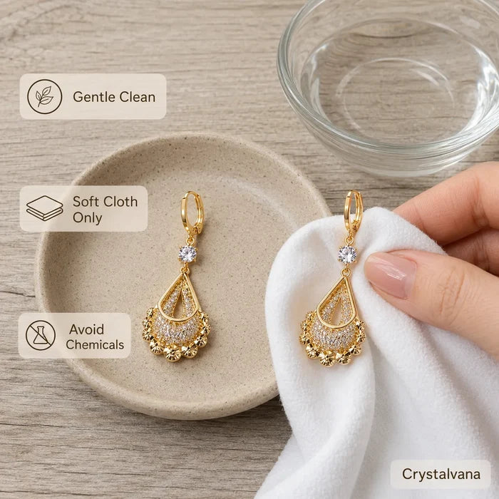 Model wearing French design hollow water drop earrings blonde holding coffee mug lifestyle portrait, Crystalvana
