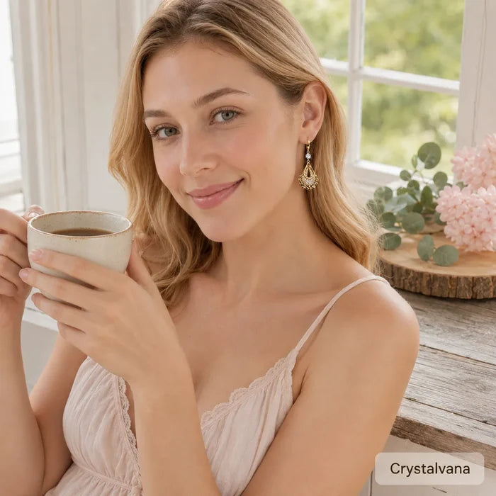 French design hollow water drop earrings flat lay on wood slice with eucalyptus and pink carnation, Crystalvana