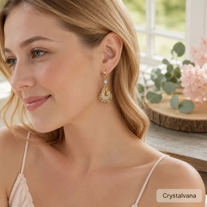 French design hollow water drop earrings in beige gift box display with eucalyptus, Crystalvana