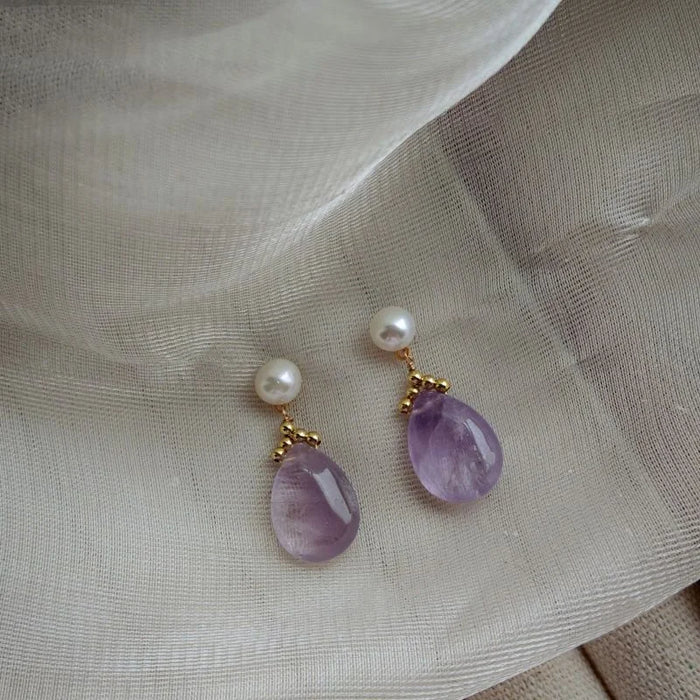 Freshwater Pearl and Amethyst dangle earrings with 925 silver needles, Crystalvana
