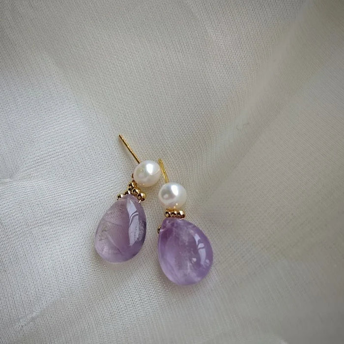 Freshwater Pearl and Amethyst dangle earrings with 925 silver needles, Crystalvana