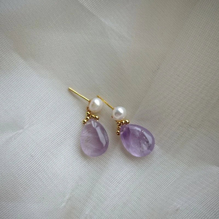 Freshwater Pearl and Amethyst dangle earrings with 925 silver needles, Crystalvana